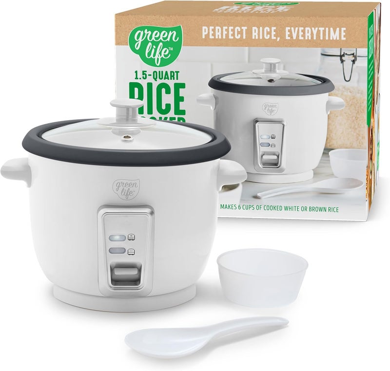 GreenLife Rice Cooker with Removable PFAS-Free Nonstick Pot, 3-Cups Uncooked/6-Cups Cooked, One-Switch Design, Auto Keep Warm Function, Soup, Grains, Oatmeal, Wood Handle, White - Image 1